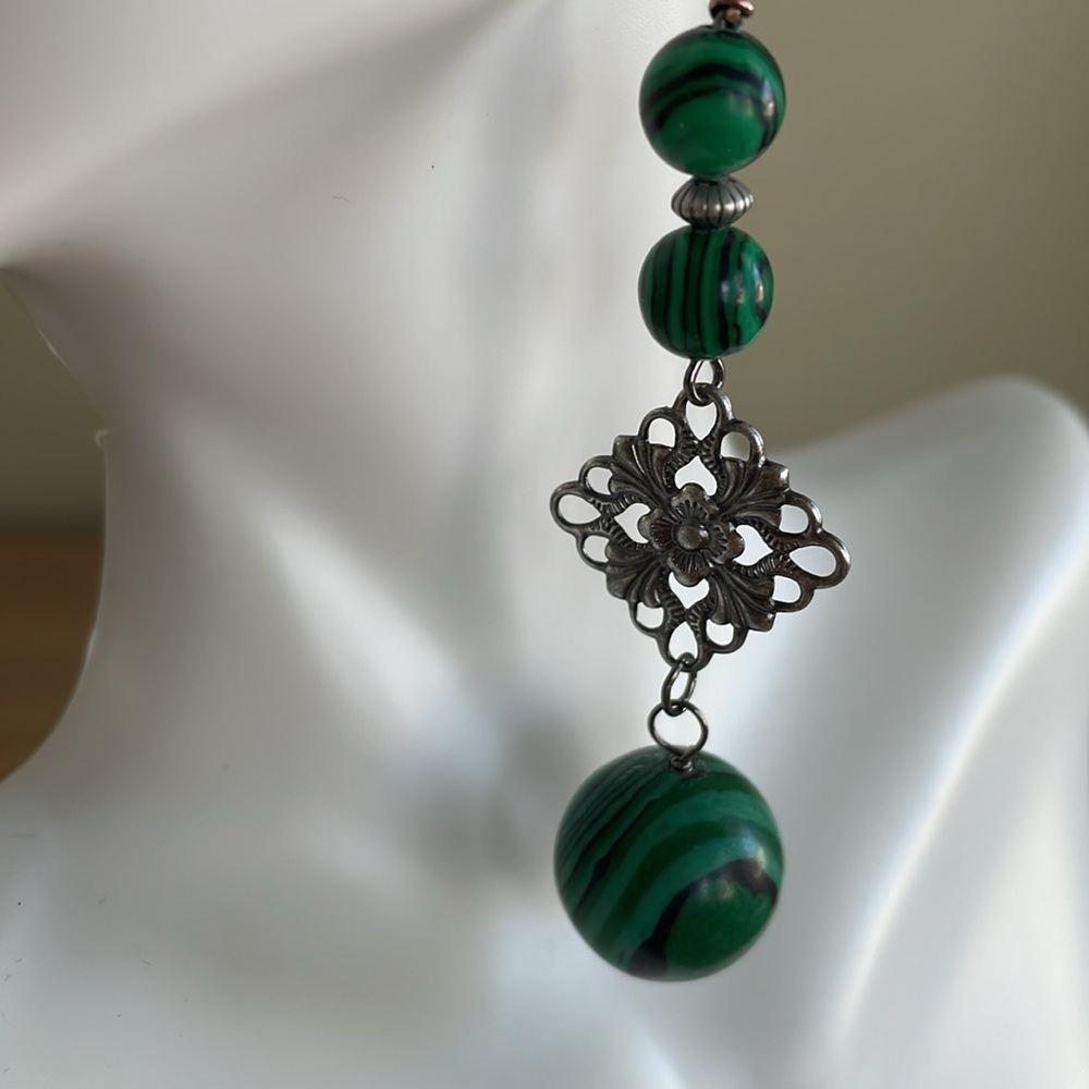 HAND CRAFTED GREEN MALACHITE GUNMETAL ASYMMETRICAL BALL DROP PIERCED EARRINGS
